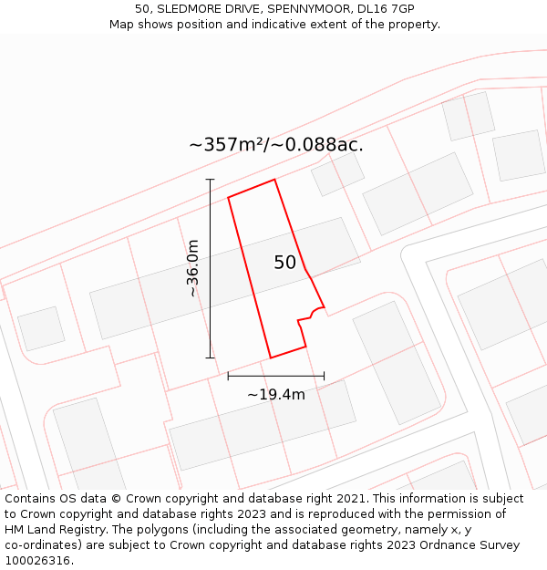 50, SLEDMORE DRIVE, SPENNYMOOR, DL16 7GP: Plot and title map