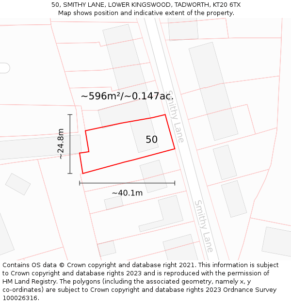 50, SMITHY LANE, LOWER KINGSWOOD, TADWORTH, KT20 6TX: Plot and title map