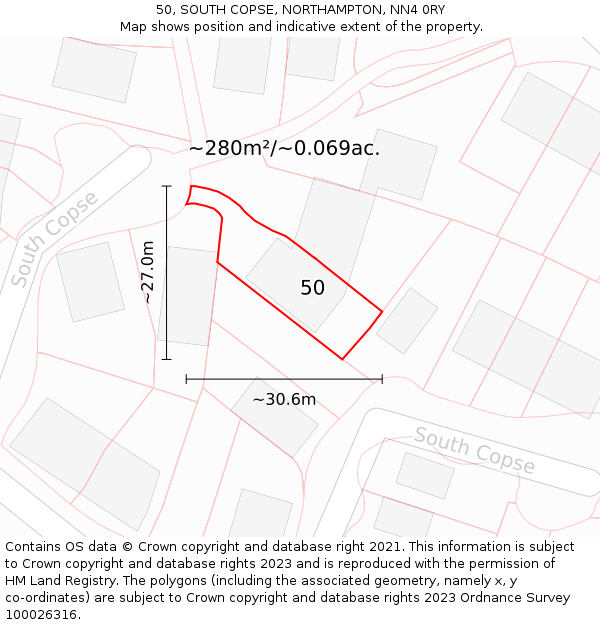 50, SOUTH COPSE, NORTHAMPTON, NN4 0RY: Plot and title map