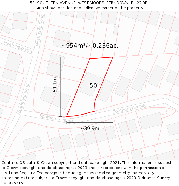 50, SOUTHERN AVENUE, WEST MOORS, FERNDOWN, BH22 0BL: Plot and title map
