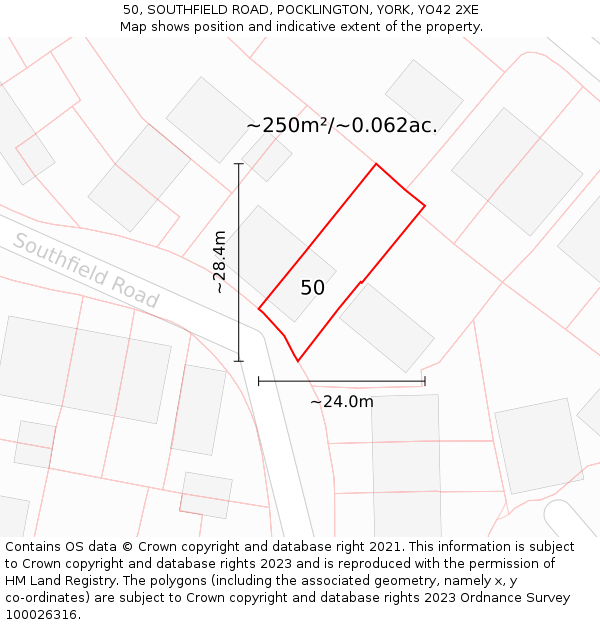 50, SOUTHFIELD ROAD, POCKLINGTON, YORK, YO42 2XE: Plot and title map