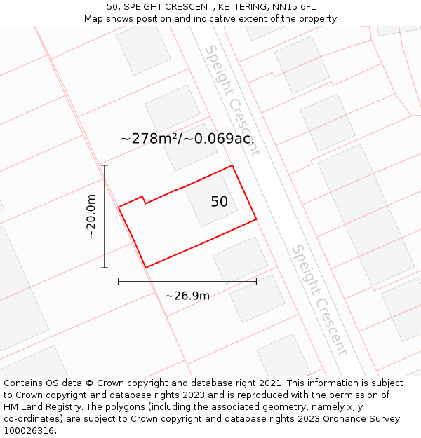 50, SPEIGHT CRESCENT, KETTERING, NN15 6FL: Plot and title map