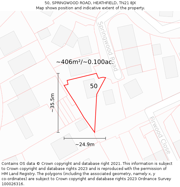 50, SPRINGWOOD ROAD, HEATHFIELD, TN21 8JX: Plot and title map