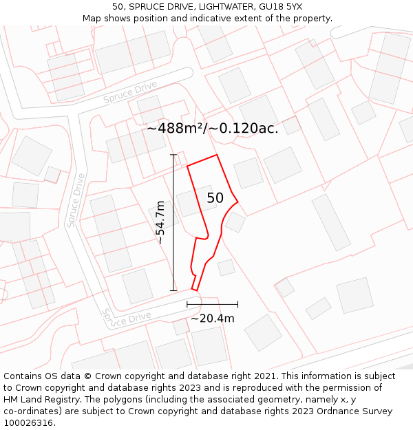 50, SPRUCE DRIVE, LIGHTWATER, GU18 5YX: Plot and title map