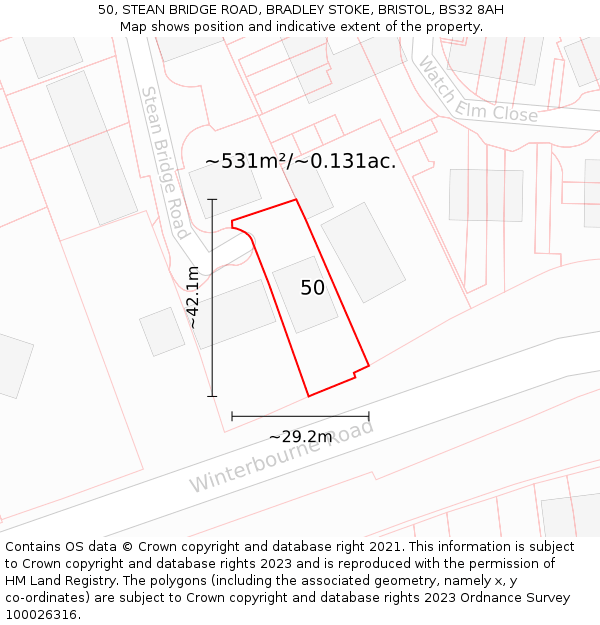 50, STEAN BRIDGE ROAD, BRADLEY STOKE, BRISTOL, BS32 8AH: Plot and title map