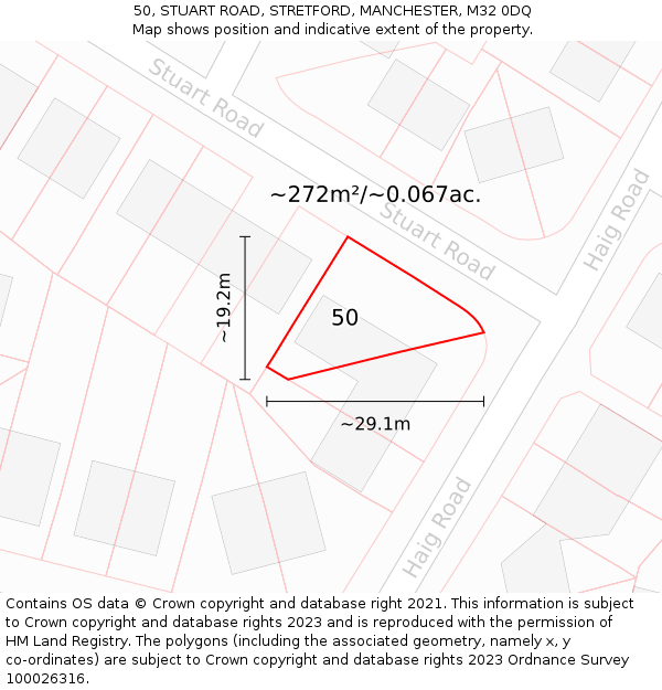 50, STUART ROAD, STRETFORD, MANCHESTER, M32 0DQ: Plot and title map