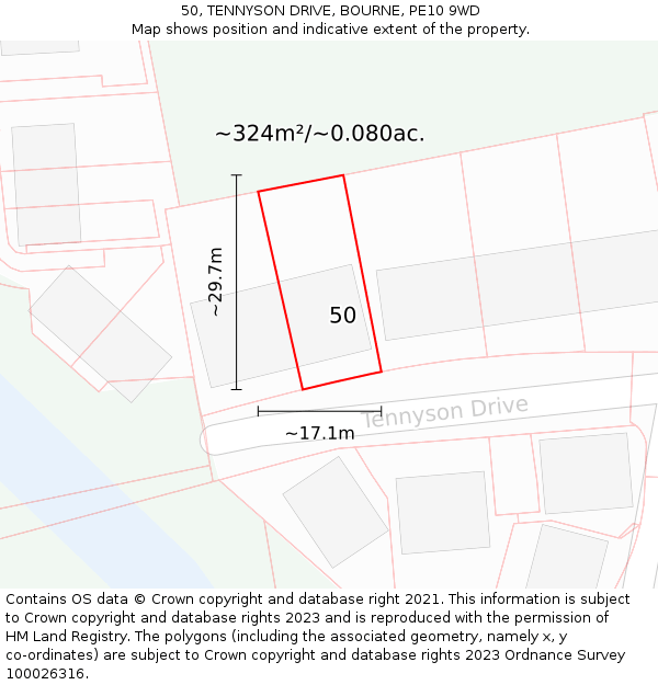 50, TENNYSON DRIVE, BOURNE, PE10 9WD: Plot and title map