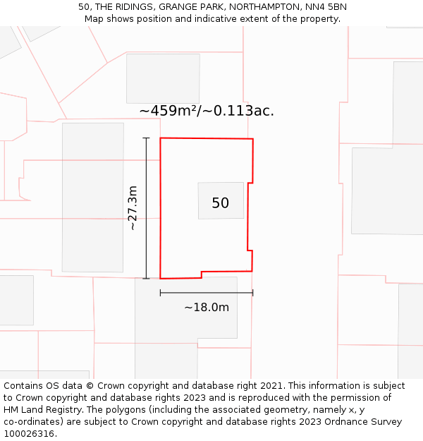 50, THE RIDINGS, GRANGE PARK, NORTHAMPTON, NN4 5BN: Plot and title map