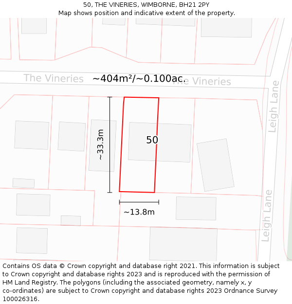 50, THE VINERIES, WIMBORNE, BH21 2PY: Plot and title map