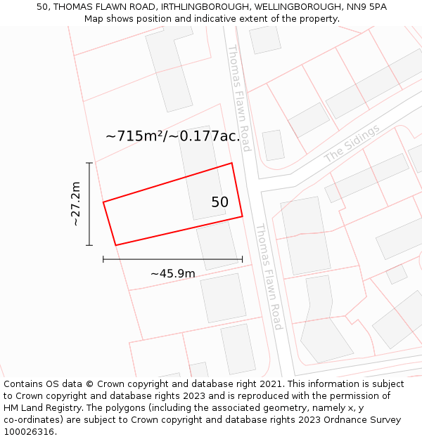 50, THOMAS FLAWN ROAD, IRTHLINGBOROUGH, WELLINGBOROUGH, NN9 5PA: Plot and title map