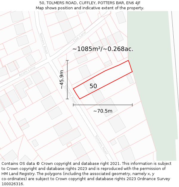 50, TOLMERS ROAD, CUFFLEY, POTTERS BAR, EN6 4JF: Plot and title map