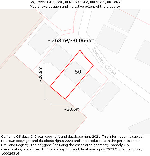 50, TOWNLEA CLOSE, PENWORTHAM, PRESTON, PR1 0NY: Plot and title map