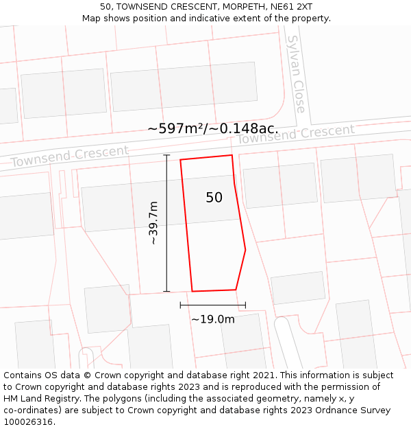 50, TOWNSEND CRESCENT, MORPETH, NE61 2XT: Plot and title map