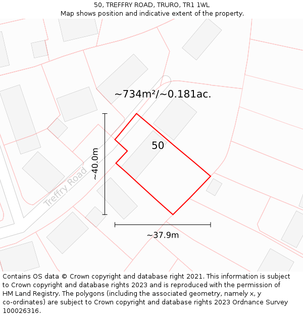 50, TREFFRY ROAD, TRURO, TR1 1WL: Plot and title map