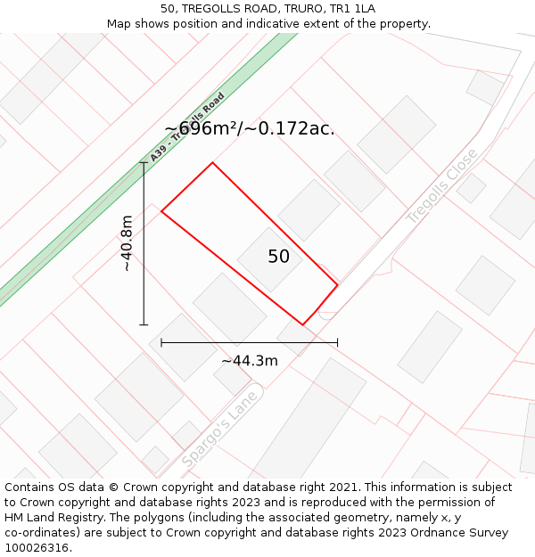 50, TREGOLLS ROAD, TRURO, TR1 1LA: Plot and title map