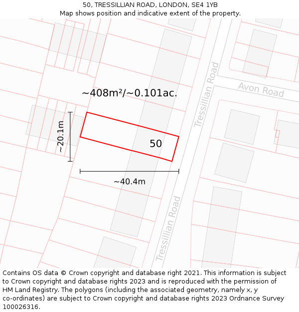 50, TRESSILLIAN ROAD, LONDON, SE4 1YB: Plot and title map