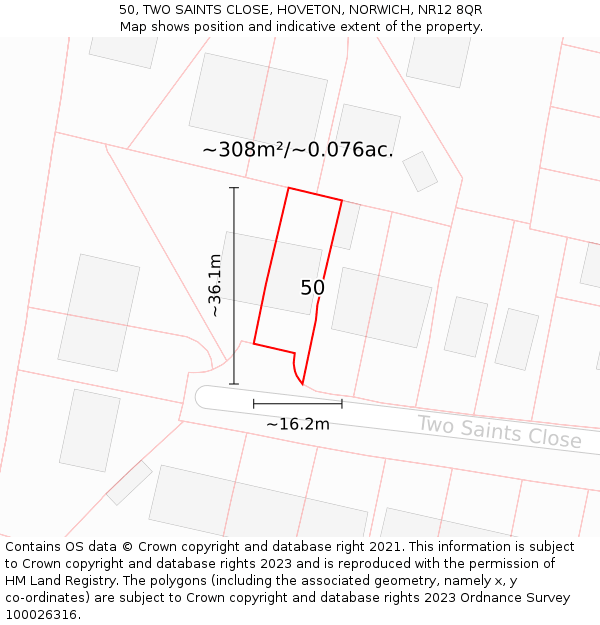 50, TWO SAINTS CLOSE, HOVETON, NORWICH, NR12 8QR: Plot and title map