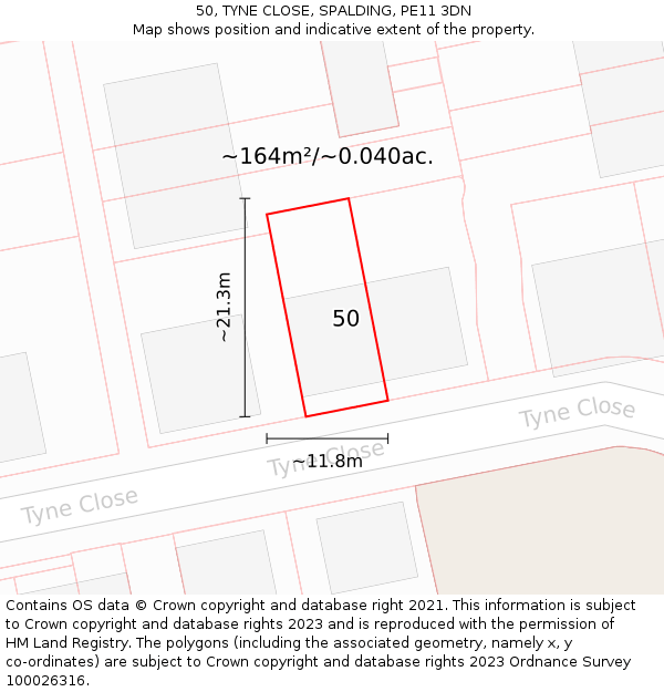 50, TYNE CLOSE, SPALDING, PE11 3DN: Plot and title map