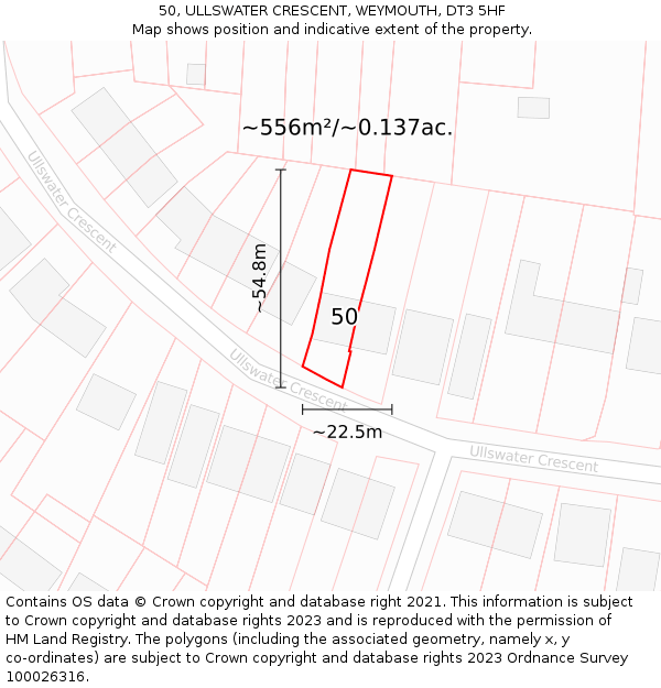 50, ULLSWATER CRESCENT, WEYMOUTH, DT3 5HF: Plot and title map