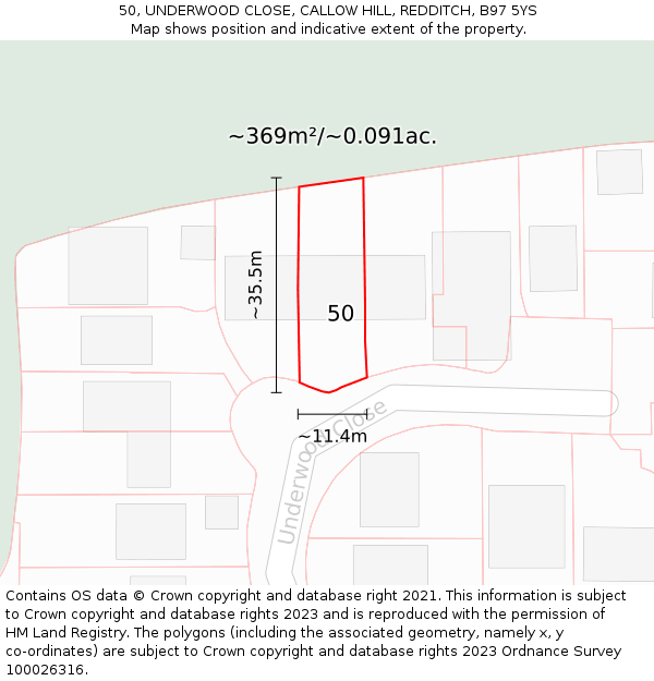50, UNDERWOOD CLOSE, CALLOW HILL, REDDITCH, B97 5YS: Plot and title map
