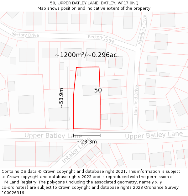 50, UPPER BATLEY LANE, BATLEY, WF17 0NQ: Plot and title map