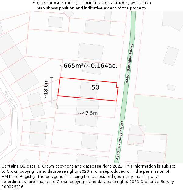 50, UXBRIDGE STREET, HEDNESFORD, CANNOCK, WS12 1DB: Plot and title map