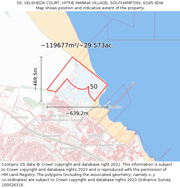 50, VELSHEDA COURT, HYTHE MARINA VILLAGE, SOUTHAMPTON, SO45 6DW: Plot and title map