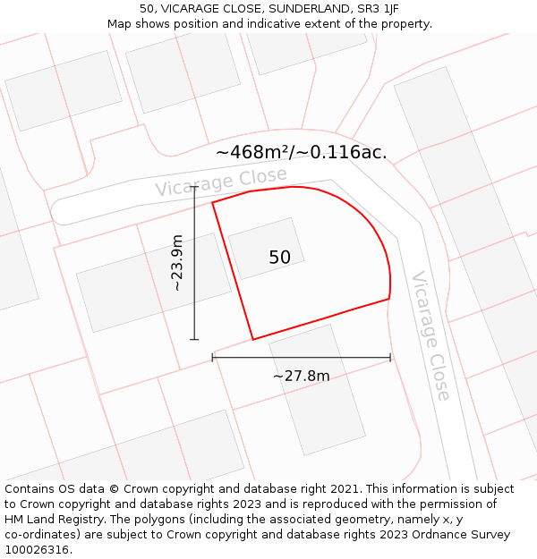 50, VICARAGE CLOSE, SUNDERLAND, SR3 1JF: Plot and title map