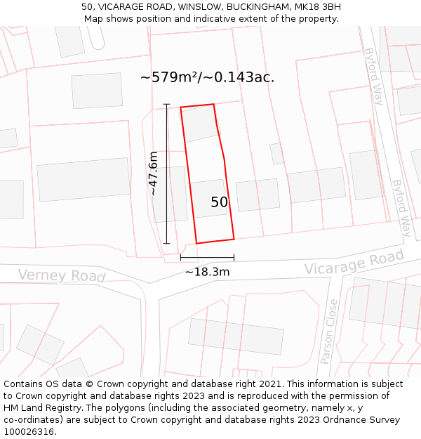 50, VICARAGE ROAD, WINSLOW, BUCKINGHAM, MK18 3BH: Plot and title map