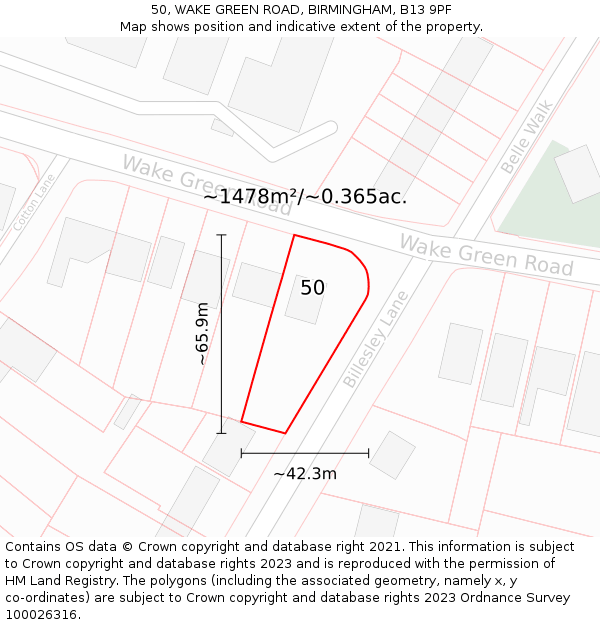 50, WAKE GREEN ROAD, BIRMINGHAM, B13 9PF: Plot and title map