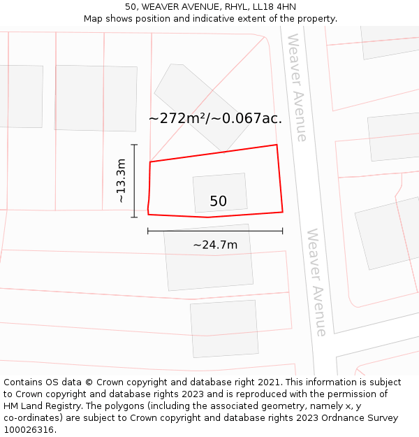 50, WEAVER AVENUE, RHYL, LL18 4HN: Plot and title map