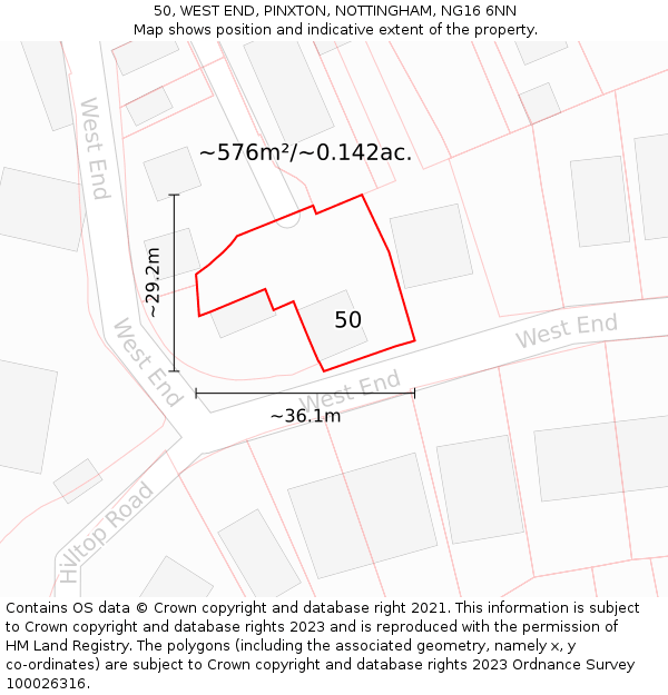 50, WEST END, PINXTON, NOTTINGHAM, NG16 6NN: Plot and title map