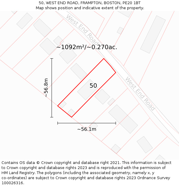 50, WEST END ROAD, FRAMPTON, BOSTON, PE20 1BT: Plot and title map