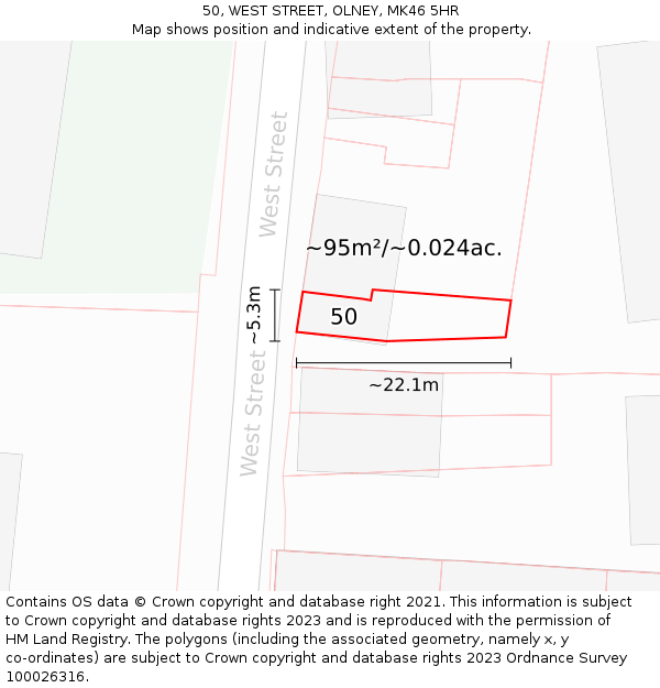 50, WEST STREET, OLNEY, MK46 5HR: Plot and title map