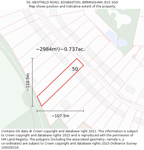 50, WESTFIELD ROAD, EDGBASTON, BIRMINGHAM, B15 3QG: Plot and title map