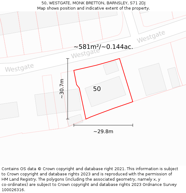 50, WESTGATE, MONK BRETTON, BARNSLEY, S71 2DJ: Plot and title map