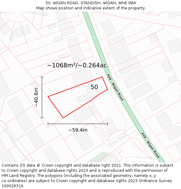 50, WIGAN ROAD, STANDISH, WIGAN, WN6 0BA: Plot and title map