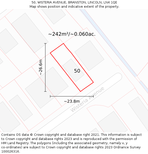 50, WISTERIA AVENUE, BRANSTON, LINCOLN, LN4 1QE: Plot and title map