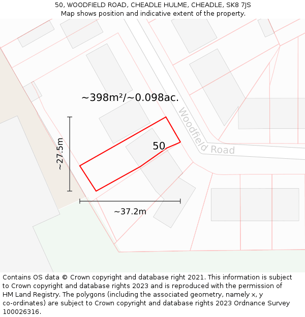 50, WOODFIELD ROAD, CHEADLE HULME, CHEADLE, SK8 7JS: Plot and title map