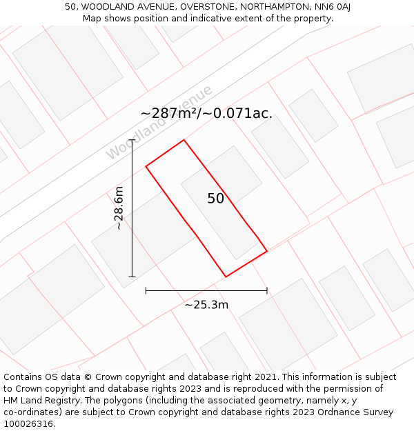 50, WOODLAND AVENUE, OVERSTONE, NORTHAMPTON, NN6 0AJ: Plot and title map