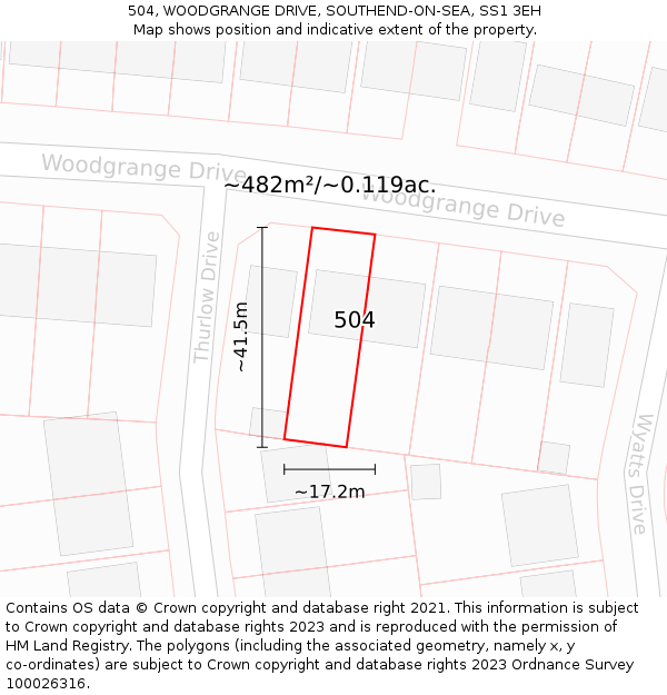 504, WOODGRANGE DRIVE, SOUTHEND-ON-SEA, SS1 3EH: Plot and title map