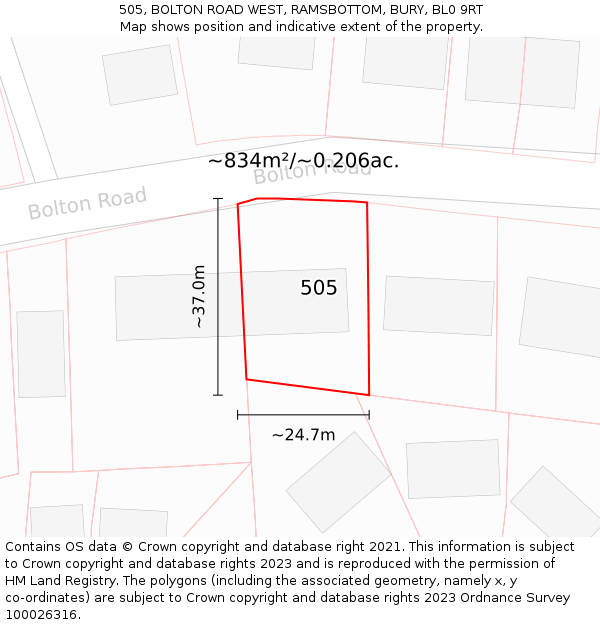 505, BOLTON ROAD WEST, RAMSBOTTOM, BURY, BL0 9RT: Plot and title map