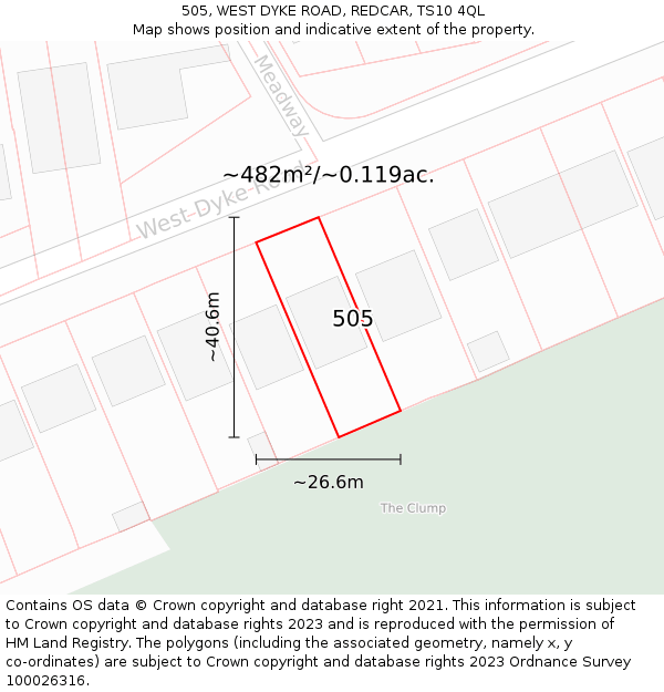 505, WEST DYKE ROAD, REDCAR, TS10 4QL: Plot and title map