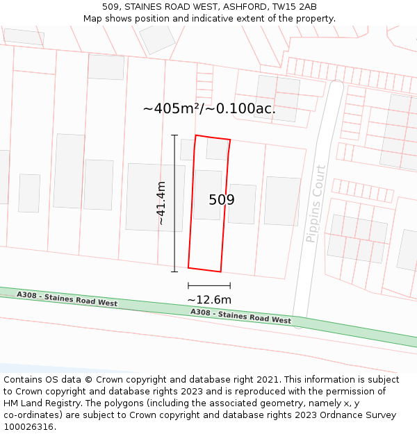 509, STAINES ROAD WEST, ASHFORD, TW15 2AB: Plot and title map