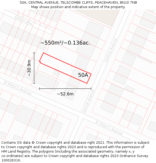 50A, CENTRAL AVENUE, TELSCOMBE CLIFFS, PEACEHAVEN, BN10 7NB: Plot and title map