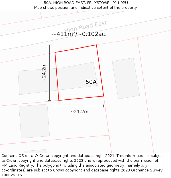 50A, HIGH ROAD EAST, FELIXSTOWE, IP11 9PU: Plot and title map