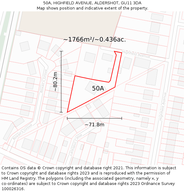 50A, HIGHFIELD AVENUE, ALDERSHOT, GU11 3DA: Plot and title map