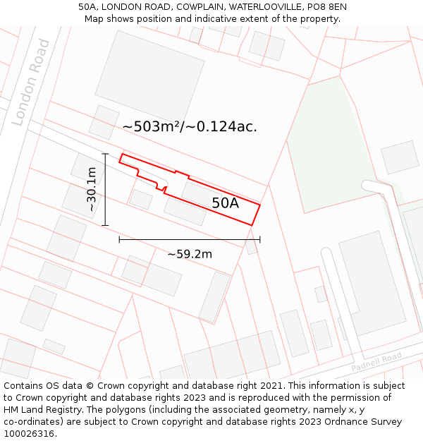 50A, LONDON ROAD, COWPLAIN, WATERLOOVILLE, PO8 8EN: Plot and title map