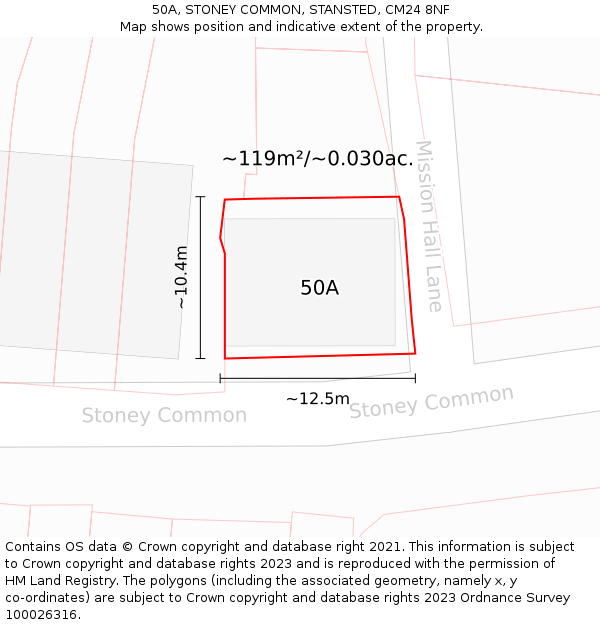 50A, STONEY COMMON, STANSTED, CM24 8NF: Plot and title map