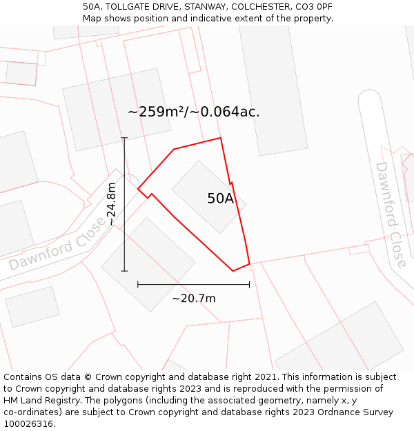 50A, TOLLGATE DRIVE, STANWAY, COLCHESTER, CO3 0PF: Plot and title map